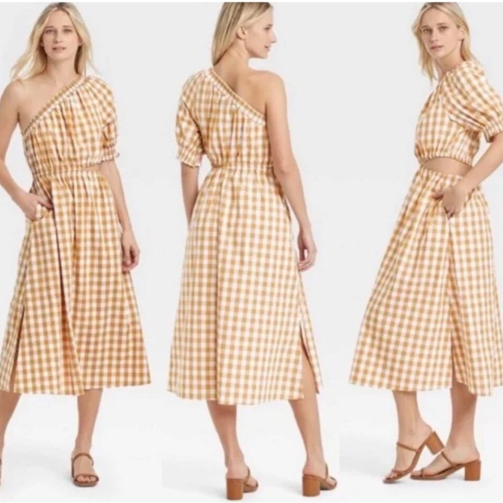 Who What Wear One-Shoulder Tan Gingham Dress